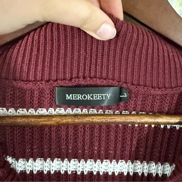 Merokeety Maroon and White Stripe Long Sleeve Sweater Dress with Collar - Picture 2 of 7